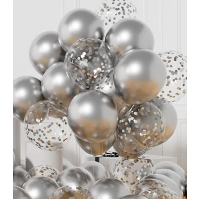 Image of AULE Metallic Silver Latex Balloons: 42 Pack 12 inch Chrome Confetti Party Balloons and Grey Helium Balloon Ribbons Dusty for Birthday Wedding Graduation Bachelorette Decoration