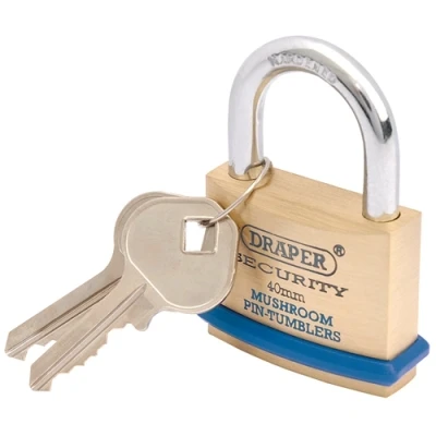 Image of Draper Solid Brass Padlock and 2 Keys with Mushroom Pin Tumblers Hardened Steel Shackle Bumper, 40mm