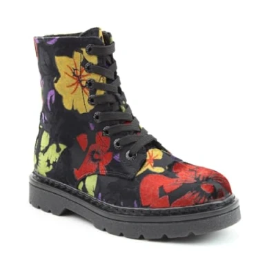 Image of Heavenly Feet Womens Justina2 Floral Velour Black Blue Faux Leather Vegan Boots (Black, UK Footwear Size System, Adult, Women, Numeric, Medium, 3)