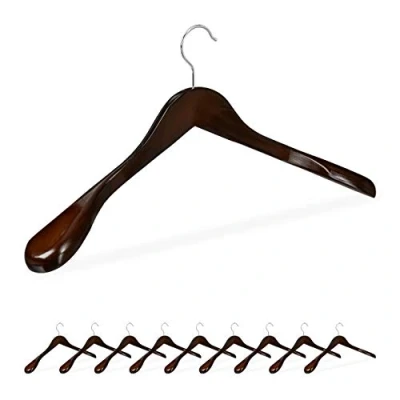 Image of Relaxdays Suit Hangers Set of 10, Wide Shoulders, 360 Swivel Hooks, Jackets, Wooden Coat Holders, Dark Brown