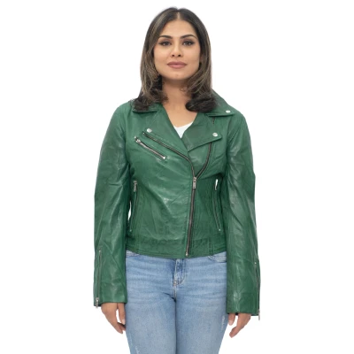 Image of Ladies Leather Jacket Classic Biker Style Green Real Womens 2XL