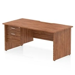 Image of Impulse 1600 x 800mm Scalloped Edge Straight Office Desk Walnut Top Panel End Leg Workstation 1 2 Drawer Fixed Pedestal