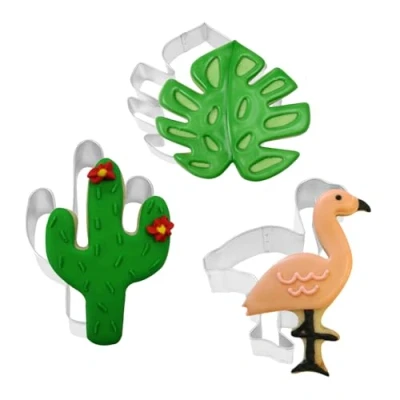 Image of Anniversary House Tropical Paradise Cookie Cutter Trio 3 Piece Settin Plated Steel, Cactus Cutters, Flamingo Jungle Theme Biscuit K0018