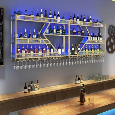 Image of Large Wall Mounted Wine Rack,Bar Unit Floating Shelves With LED Light Iron Display Stand Holder,Large Capacity Metal Racks,Liquor Bottle Shelf,Hanging Goblet Rack,Gold,Black ( Color