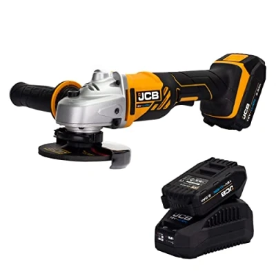 Image of JCB 18V Cordless Angle Grinder, 2X 2.0ah Li ion Batteries, Fast Charger, Anti Vibration &amp; 3 Position Handle, Tool Free Adjustable Guard, Year Warranty
