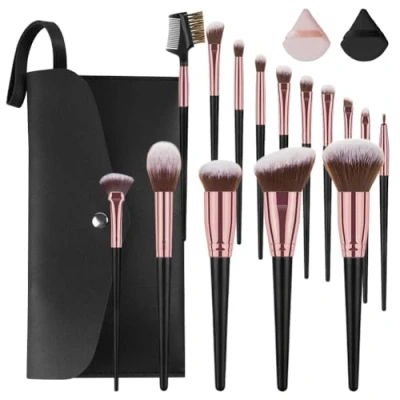 Image of Vicloon Makeup Brushes, 15Pcs Professional Brushes Set with PU Leather Bag, 2pcs Powder puff (cosmetics), Premium Synthetic Foundation Face Concealers Eyeshadow Blush, Comfortable Black