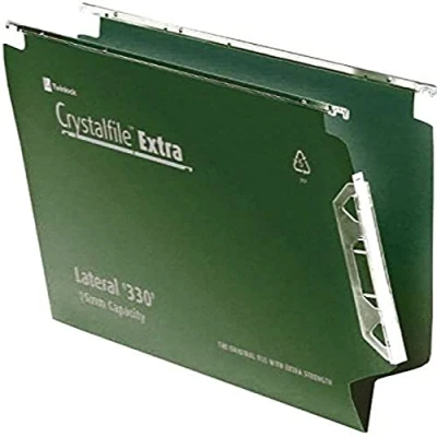 Image of Rexel 330 Lateral Hanging Files with Tabs and Inserts, 15 mm V base, Polypropylene, Green, Crystalfile Extra, Pack of 25, 3000121