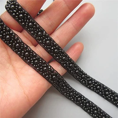 Image of 2 Meters Black Pearl Beaded Trim Bridal Lace Ribbon Trimming Edge Tape for Craft Sewing Wedding Dress Fabric DIY Decoration 1.5cm Width