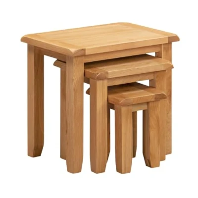 Image of Hallowood Furniture Monchique Oak 3 Nest of Tables, Solid Wooden Nesting Table Lamp, Plant Table, Multifunctional Nested Coffee Side Tables for Living Room