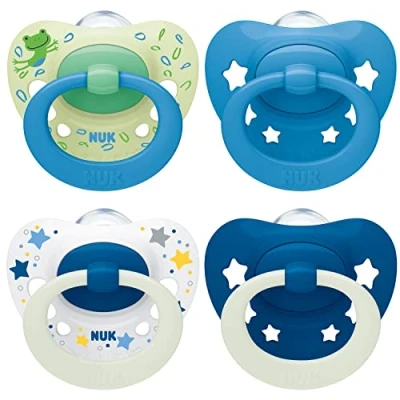 Image of NUK Signature Day &amp; Night Baby Dummy 6 18 months Soothes 95% of Babies Heart Shaped BPA Free Silicone Soothers Glow in the Dark Stars 4 Count