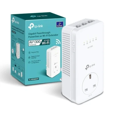 Image of TP Link Dual Band Gigabit AC1200 Powerline Adapter, Wi Fi Extender/Booster,Speed Up to 1300 Mbps, Extra Power Socket, Works with OneMesh, No Configuration Required, UK Plug (TL WPA8631P),White