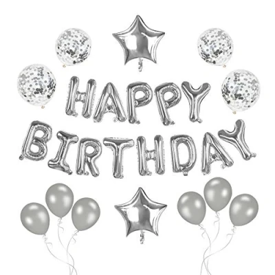 Image of lohey Happy Birthday Balloons, 16 Inch Silver Balloons Banner Party Decoration, Self Inflating Set with Foil Star Balloons/Latex Balloons/Confetti Balloons/Ribbon