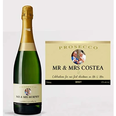 Image of Personalised Gold Prosecco/Champagne Photo Bottle Label Custom Any Wording