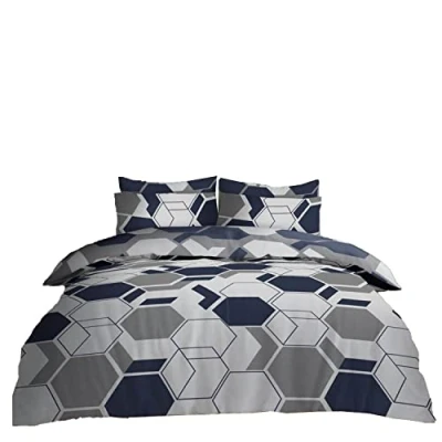 Image of Super Dreamer Luxury Complete Duvet Set, Geometric Bed Cover With Pillow Cases &amp; Fitted Sheet, Reversible Printed Bedding Linen, Double, Navy/Grey