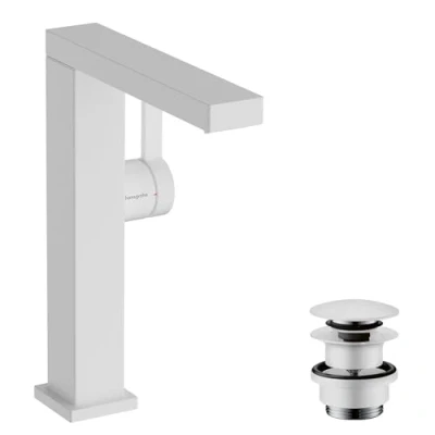 Image of hansgrohe Tecturis E Fine bathroom tap with push open waste, energy saving (CoolStart), swivel spout, sink 210 mm, basin mixer water (EcoSmart+), matt white, 73060700