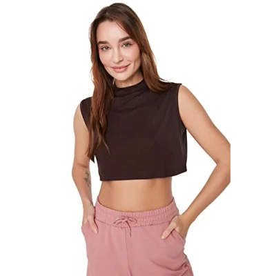 Image of Trendyol Women Basics Fitted Basic Standing Collar Knit Blouse Dark Brown