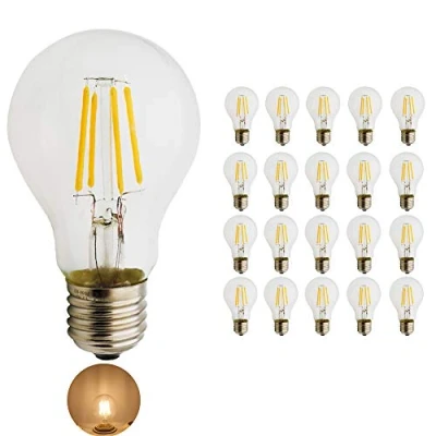 Image of 4W E27 A60 Edison Screw LED Filament Bulb, 40W Incandescent Equivalent, Warm White 2700K, Vintage Globe Lamp Bulbs, Non Dimmable, 20 Pack