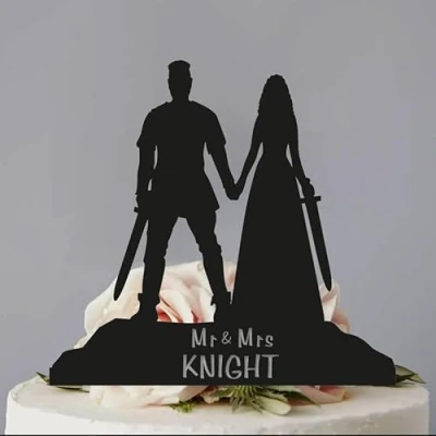 Image of Custom Mr and Mrs Viking Wedding Cake Topper, 6 7.8 Inch Fand Cake, Lover, Newlyweds Celebration Acrylic Wood Material Option
