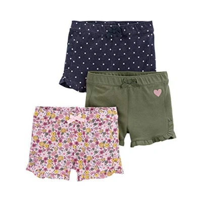 Image of Simple Joys by Carter&#039;s Baby Girls&#039; 3 Pack Knit Shorts, Denim Dots/Olive Hearts/Pink Floral, 12 Months (Pack of 3)