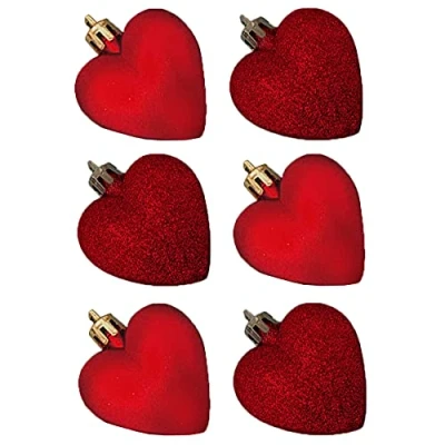Image of 6 Pack 50mm Glitter / Plain Hearts Christmas Decoration Red 8414