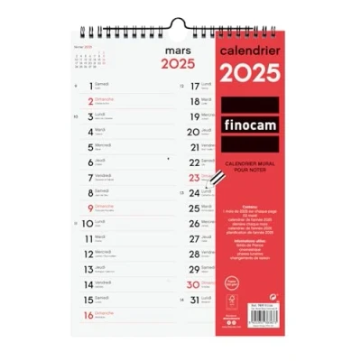 Image of Finocam Neutral Wall Calendar to Write Two Columns 2025 1 month per page January December (12 months) French