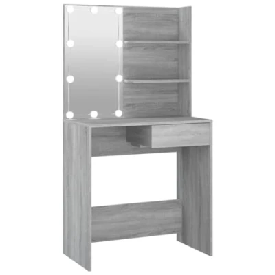 Image of vidaXL Grey Sonoma Dressing Table with LED, Engineered Wood Makeup Stand, Bedroom Furniture, Ample Storage Space, 74.5x40x141 cm