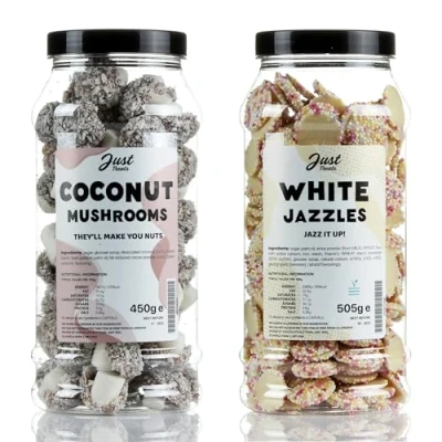 Image of Just Treats White Chocolate Snowies and Coconut Mushrooms Sweet Gift Jars of A Snowy Earthy Combo 31,7
