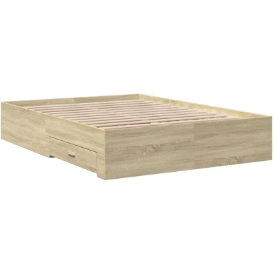 Image of vidaXL Engineered Wood Bed Frame with Drawers Sonoma Oak Small Double Plywood Slats &amp; Ample Storage Space