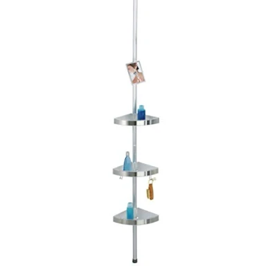 Image of Wenko 20349100 Telescopic Shower Corner Element Premium 3 Shelves, 2 Hooks and Mirror, Metal Aluminium, 27.5 x 70260 20 cm, Satinised