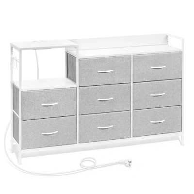 Image of WOLTU Chest of 8 Drawers, Drawers Dresser with Charging Station, Fabric Drawer Unit for Bedroom, Playroom, Closet, Living Room, White+Light Grey, Metal Frame, E1 Engineered Wood, SSK007hgws UK