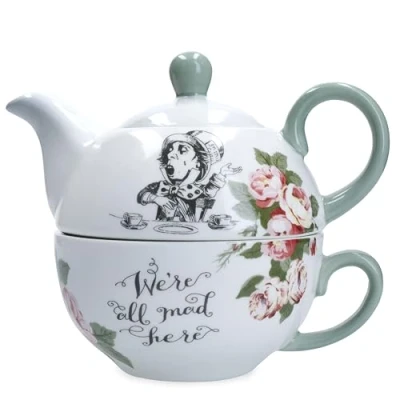Image of Mikasa and The V&amp;A Tea for One Teapot Cup Set, Bone China Set One, Alice in Wonderland Teaware Dishwasher Safe &amp; Gift Boxed