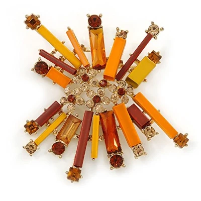 Image of Avalaya Orange, Brown Metal Bar and Citrine Crystal Cluster Brooch in Gold Tone 55mm L