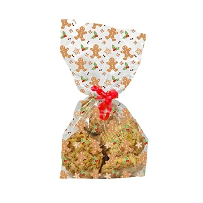 Image of Anniversary House Pack fo 20 Gingerbread Christmas Cellophane Bags, Party, Cookie, Biscuit, Sweet Treat, Cake, Sweets, Gift, Food Bag 12.5 x 28.5cm, Clear with Festive Pattern, Gifts, M570