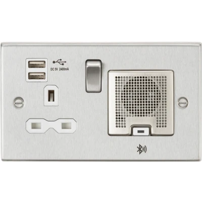 Image of KnightsBridge 13A Socket, USB chargers (2.4A), &amp; Bluetooth Speaker Square Edge Brushed Chrome with white insert