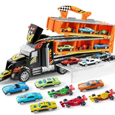 Image of JOYIN Transport Truck Toys Car for 2 3 4 5 Year Old Boys, Foldable Toy Track Set, 12 Die Cast Metal Race Cars with Launchers, Lights &amp; Sounds, Carrier Gift Girls Boys Age 6+