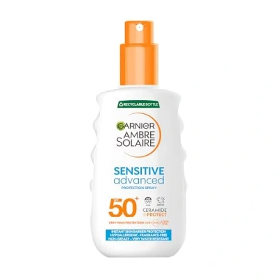 Image of Garnier Ambre Solaire SPF 50+ Sensitive Advanced Sun Cream Spray, Factor 50, Water Resistant &amp; Non Greasy Sunscreen, No Fragrance, UVA UVB Protection, Approved by Cruelty Free International, 150ml