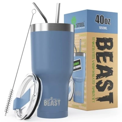 Image of Beast Tumbler 1050 ml (40 oz), Blue Reusable Stainless Steel, Vacuum Insulated Cup with + 2 Straws &amp; Cleaning Brush Double Wall Travel Flask Perfect for Hot or Iced Coffee BPA Free