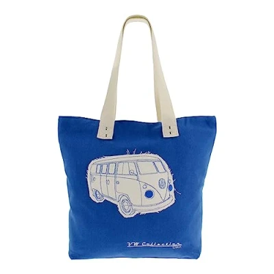 Image of BRISA VW Collection Volkswagen Reusable Canvas Shopping Beach Bag with T1 Bus Campervan Motif (Silhouette/Blue)