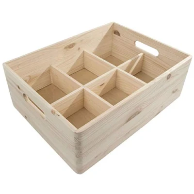 Image of Wooden Open Storage Box with 6 Compartments 40 x 30 13.5 cm Unpainted &amp; Untreated Decorative Pine Removable Dividers Non lidded Trunk Crate Keepsake Tool Toy Container Organiser