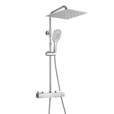 Image of JOHO Thermostatic Valve Anti Scald 38℃ Shower Mixer Set System in SUS 304 Bathroom Bar Bracket Adjustable Height and Rainfall Head Angle Chrome 30x30cm.