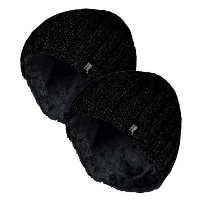 Image of HEAT HOLDERS 2 Pack Winter Beanie Hat Insulated Fleece Lined Ribbed Thermal Warm (One Size, Black)