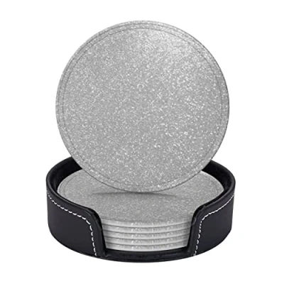 Image of Faux Sparkly Silver Glitter Printed,Round Coasters, Mugs Pad, Cups Mat Set of 6 Leather Drinks Coasters with Holder