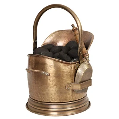 Image of Brass Coal Scuttle Fireplace Hod Bucket &amp; Wood Handle Shovel