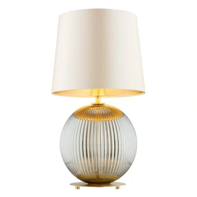Image of Hamilton Table Lamp With Round Tapered Shade Beige (Gold Inside), Grey Lister (Fluted), Brushed Brass