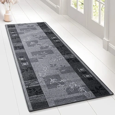Image of Floordirekt Carpet Runner with Pattern Custom Made Fine Loop Rug for Kitchen, Hallway &amp; Living Room Ornament Vintage Orient Grid (80 x 150 cm, Accent Grey)