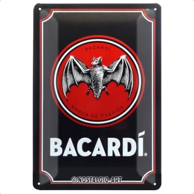 Image of Nostalgic Art Retro Tin Sign Bacardi Logo Black Gift idea for rum fans, Metal Plaque, Vintage design wall decoration, 20 x 30 cm