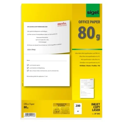 Image of SIGEL LP202 Special Microperforated Multipurpose Office Paper, White, A5/A4, 80gsm, 100 A4 sheets equal to 200 A5