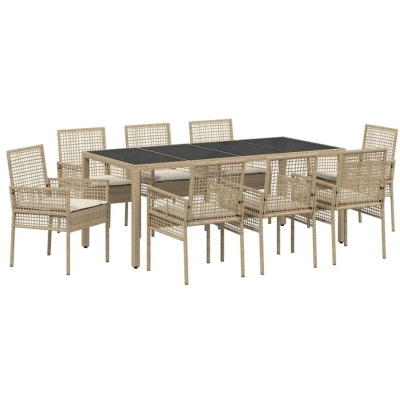 Image of vidaXL 9 Piece Garden Dining Set with Cushions Beige Poly Rattan