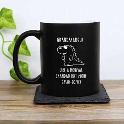 Image of eBuyGB Grandasaurus Mug, Grandad Dinosaur Engraved Matte Black Coffee Matt Tea Cup, Father&#039;s Day Gift for Granddad, Grandpa, Birthday Gift, Funny Present