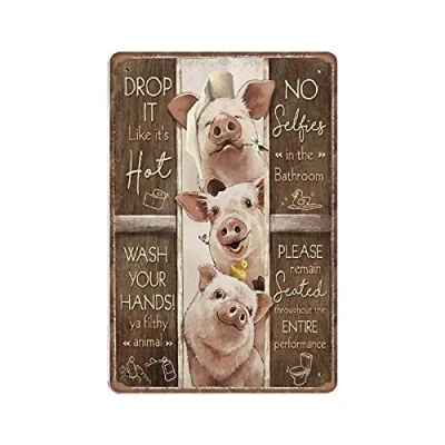 Image of DAIERCY Funny Pig Bathroom Rules Tin Signs, Farm Animals Wall Art, Vintage Metal Sign Plaqu Poster Art Pub Bar Kitchen Garden Home Decor, 140x200 mm